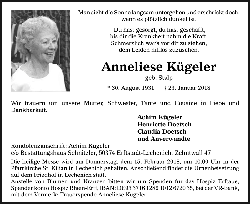  Traueranzeige für Anneliese Kügeler vom 03.02.2018 aus Kölner Stadt-Anzeiger / Kölnische Rundschau / Express