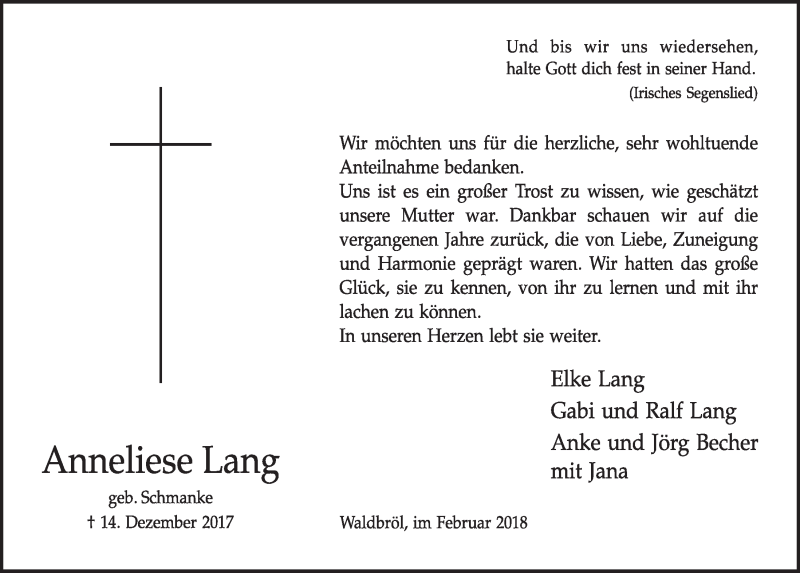  Traueranzeige für Anneliese Lang vom 07.02.2018 aus  Lokalanzeiger 