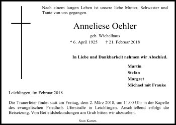Anzeige von Anneliese Oehler von Kölner Stadt-Anzeiger / Kölnische Rundschau / Express