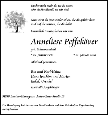Anzeige von Anneliese Peffeköver von Kölner Stadt-Anzeiger / Kölnische Rundschau / Express