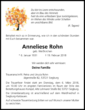 Anzeige von Anneliese Rohn von Kölner Stadt-Anzeiger / Kölnische Rundschau / Express
