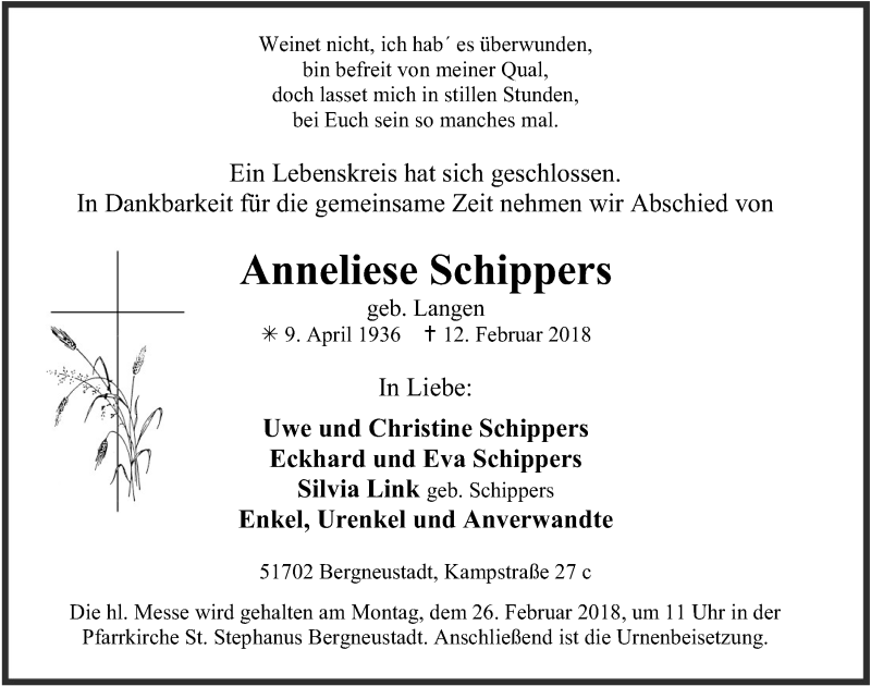  Traueranzeige für Anneliese Schippers vom 21.02.2018 aus  Anzeigen Echo 
