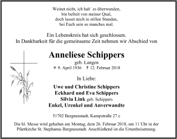 Anzeige von Anneliese Schippers von  Anzeigen Echo 
