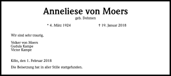 Anzeige von Anneliese von Moers von Kölner Stadt-Anzeiger / Kölnische Rundschau / Express