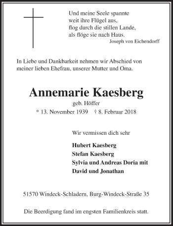 Anzeige von Annemarie Kaesberg von  Lokalanzeiger 