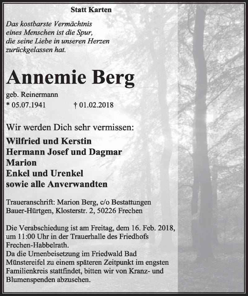  Traueranzeige für Annemie Berg vom 10.02.2018 aus  Sonntags-Post 