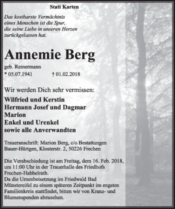 Anzeige von Annemie Berg von  Sonntags-Post 