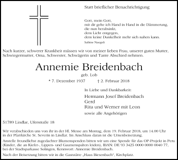 Anzeige von Annemie Breidenbach von Kölner Stadt-Anzeiger / Kölnische Rundschau / Express
