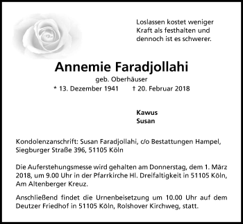Anzeige von Annemie Faradjollahi von Kölner Stadt-Anzeiger / Kölnische Rundschau / Express