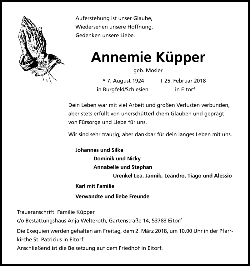  Traueranzeige für Annemie Küpper vom 28.02.2018 aus Kölner Stadt-Anzeiger / Kölnische Rundschau / Express