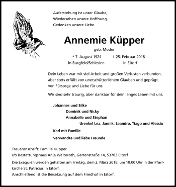 Anzeige von Annemie Küpper von Kölner Stadt-Anzeiger / Kölnische Rundschau / Express