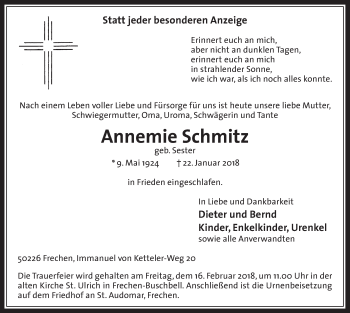Anzeige von Annemie Schmitz von  Wochenende 