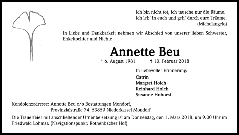  Traueranzeige für Annette Beu vom 24.02.2018 aus Kölner Stadt-Anzeiger / Kölnische Rundschau / Express