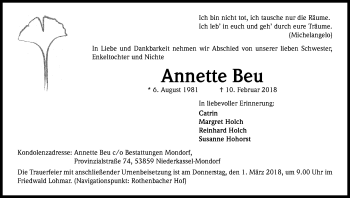 Anzeige von Annette Beu von Kölner Stadt-Anzeiger / Kölnische Rundschau / Express