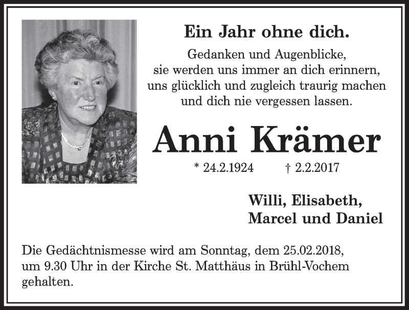  Traueranzeige für Anni Krämer vom 07.02.2018 aus  Schlossbote/Werbekurier 