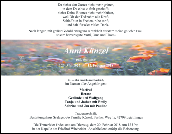 Anzeige von Anni Künzel von Kölner Stadt-Anzeiger / Kölnische Rundschau / Express