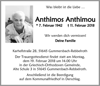 Anzeige von Anthimos Anthimou von Kölner Stadt-Anzeiger / Kölnische Rundschau / Express