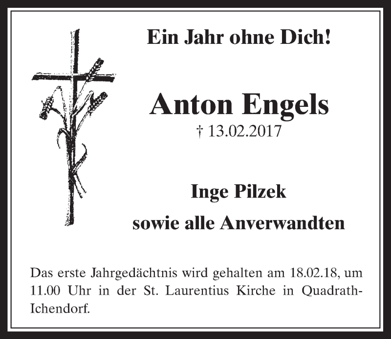  Traueranzeige für Anton Engels vom 14.02.2018 aus  Werbepost 