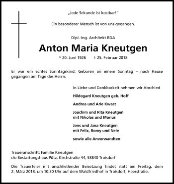 Anzeige von Anton Maria Kneutgen von Kölner Stadt-Anzeiger / Kölnische Rundschau / Express