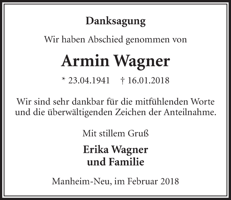  Traueranzeige für Armin Wagner vom 24.02.2018 aus  Sonntags-Post 