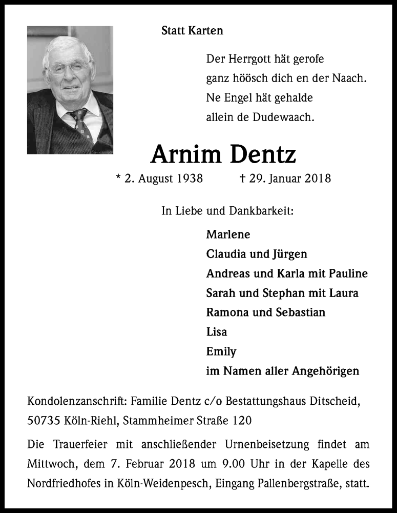  Traueranzeige für Arnim Dentz vom 03.02.2018 aus Kölner Stadt-Anzeiger / Kölnische Rundschau / Express