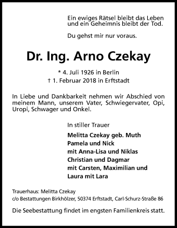 Anzeige von Arno Czekay von Kölner Stadt-Anzeiger / Kölnische Rundschau / Express
