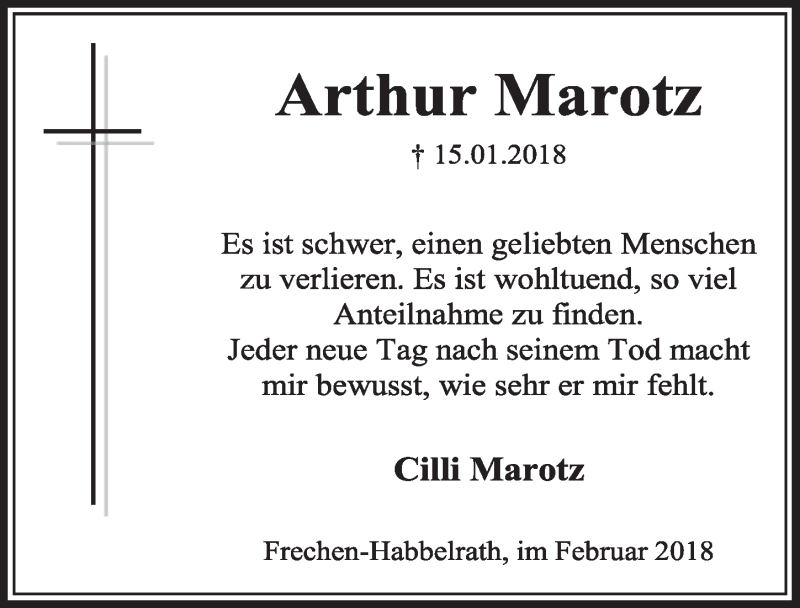  Traueranzeige für Arthur Marotz vom 24.02.2018 aus  Sonntags-Post 