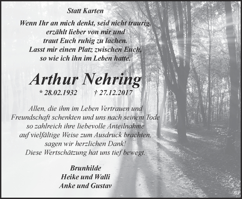  Traueranzeige für Arthur Nehring vom 17.02.2018 aus  Blickpunkt Euskirchen 