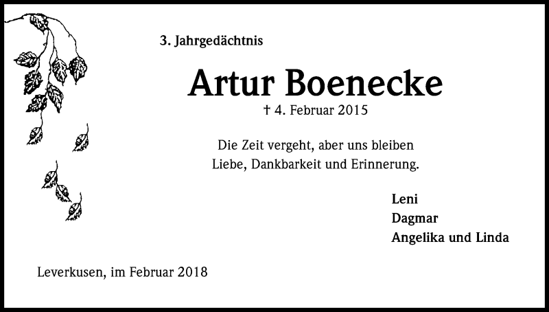  Traueranzeige für Artur Boenecke vom 03.02.2018 aus Kölner Stadt-Anzeiger / Kölnische Rundschau / Express