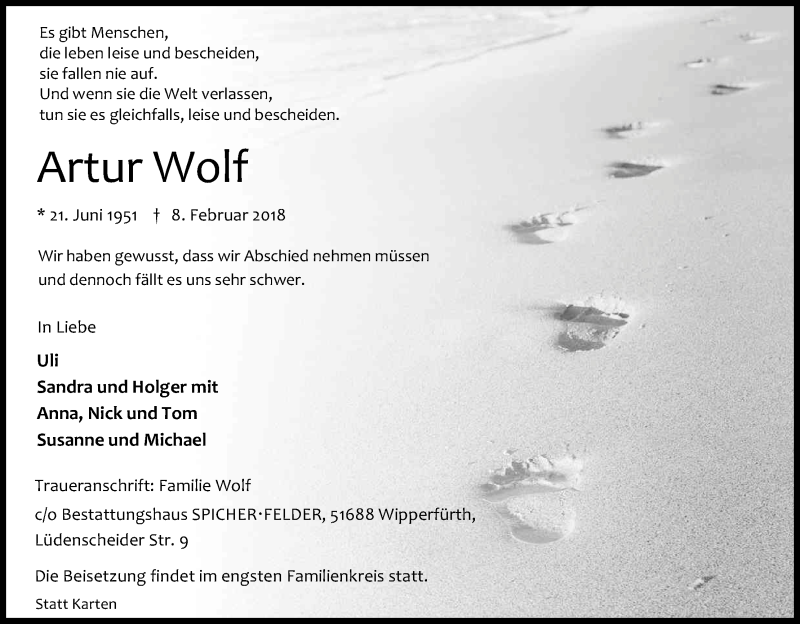  Traueranzeige für Artur Wolf vom 10.02.2018 aus Kölner Stadt-Anzeiger / Kölnische Rundschau / Express
