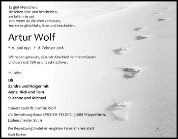 Anzeige von Artur Wolf von Kölner Stadt-Anzeiger / Kölnische Rundschau / Express