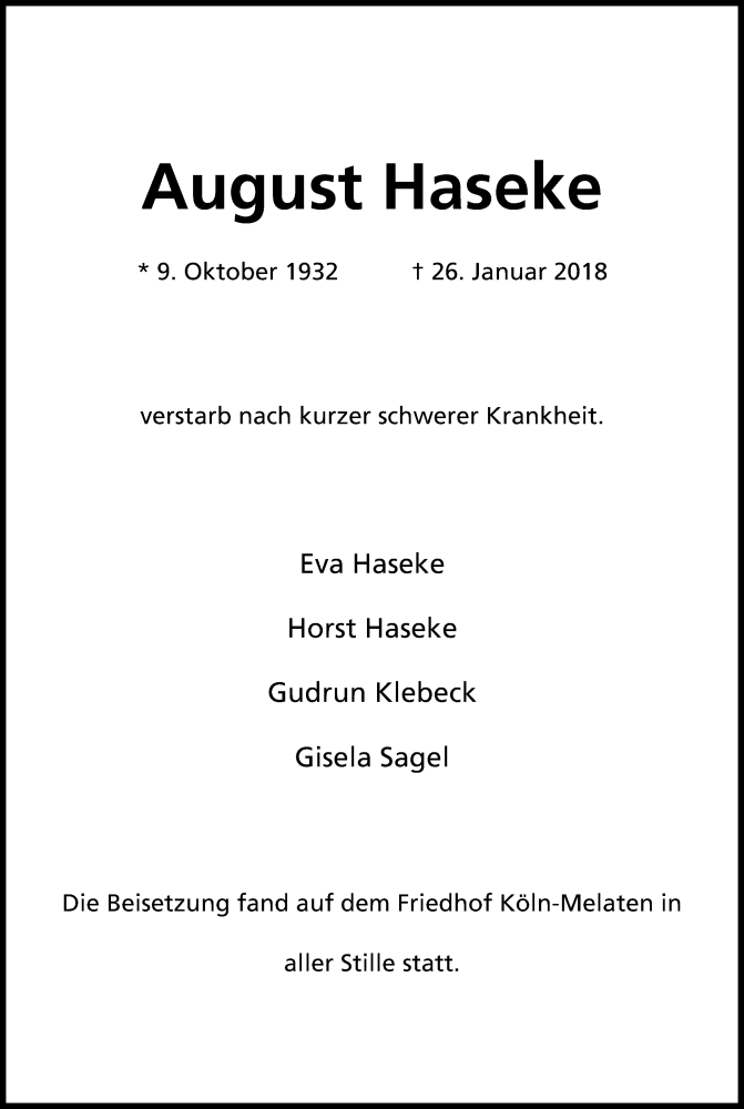  Traueranzeige für August Haseke vom 24.02.2018 aus Kölner Stadt-Anzeiger / Kölnische Rundschau / Express