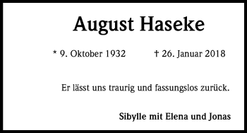 Anzeige von August Haseke von Kölner Stadt-Anzeiger / Kölnische Rundschau / Express