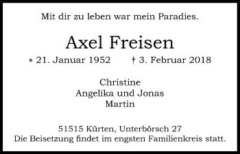 Anzeige von Axel Freisen von Kölner Stadt-Anzeiger / Kölnische Rundschau / Express
