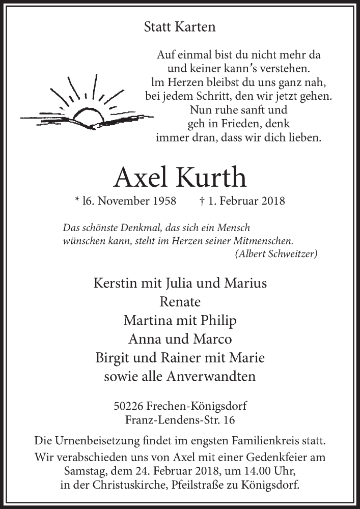 Traueranzeige für Axel Kurth vom 17.02.2018 aus  Sonntags-Post 