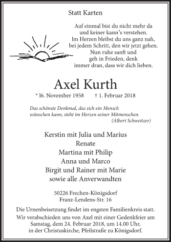 Anzeige von Axel Kurth von  Sonntags-Post 