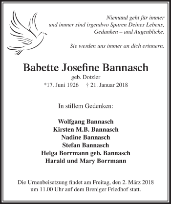 Anzeige von Babette Josefine Bannasch von  Schaufenster/Blickpunkt am Wochenende 