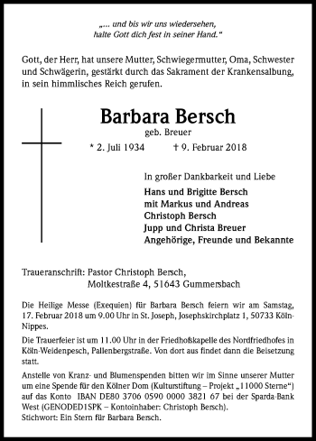 Anzeige von Barbara Bersch von Kölner Stadt-Anzeiger / Kölnische Rundschau / Express