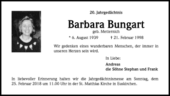 Anzeige von Barbara Bungart von Kölner Stadt-Anzeiger / Kölnische Rundschau / Express