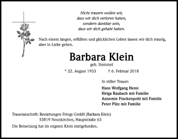 Anzeige von Barbara Klein von Kölner Stadt-Anzeiger / Kölnische Rundschau / Express