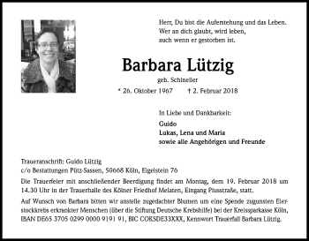 Anzeige von Barbara Lützig von Kölner Stadt-Anzeiger / Kölnische Rundschau / Express