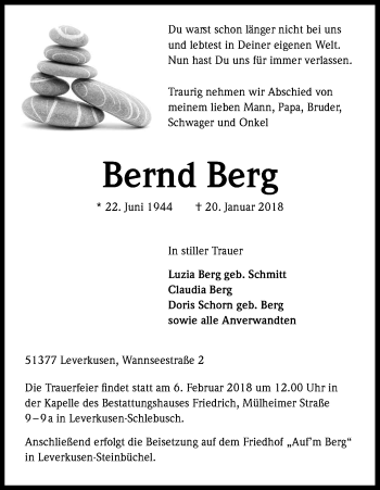 Anzeige von Bernd Berg von Kölner Stadt-Anzeiger / Kölnische Rundschau / Express