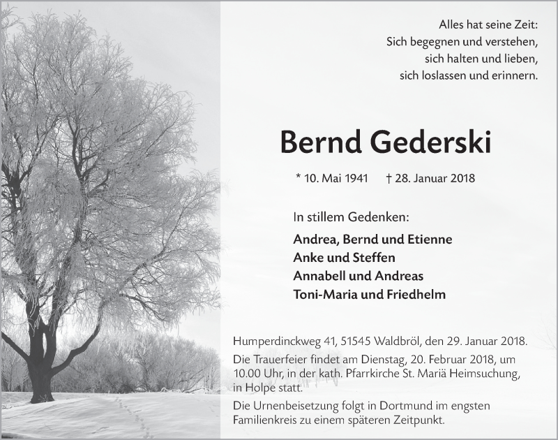  Traueranzeige für Bernd Gederski vom 07.02.2018 aus  Lokalanzeiger 