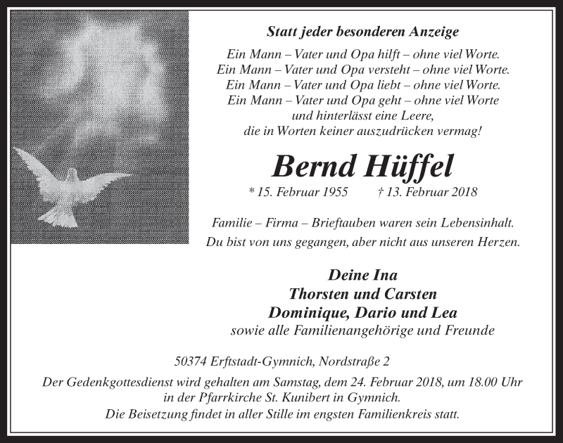  Traueranzeige für Bernd Hüffel vom 21.02.2018 aus  Werbepost 