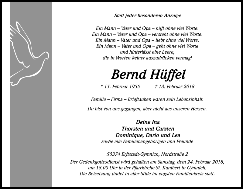  Traueranzeige für Bernd Hüffel vom 22.02.2018 aus Kölner Stadt-Anzeiger / Kölnische Rundschau / Express