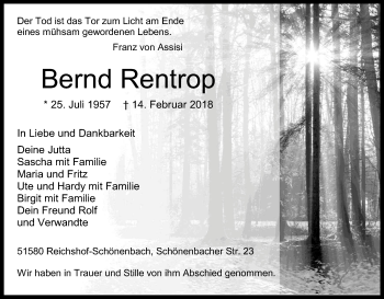Anzeige von Bernd Rentrop von Kölner Stadt-Anzeiger / Kölnische Rundschau / Express