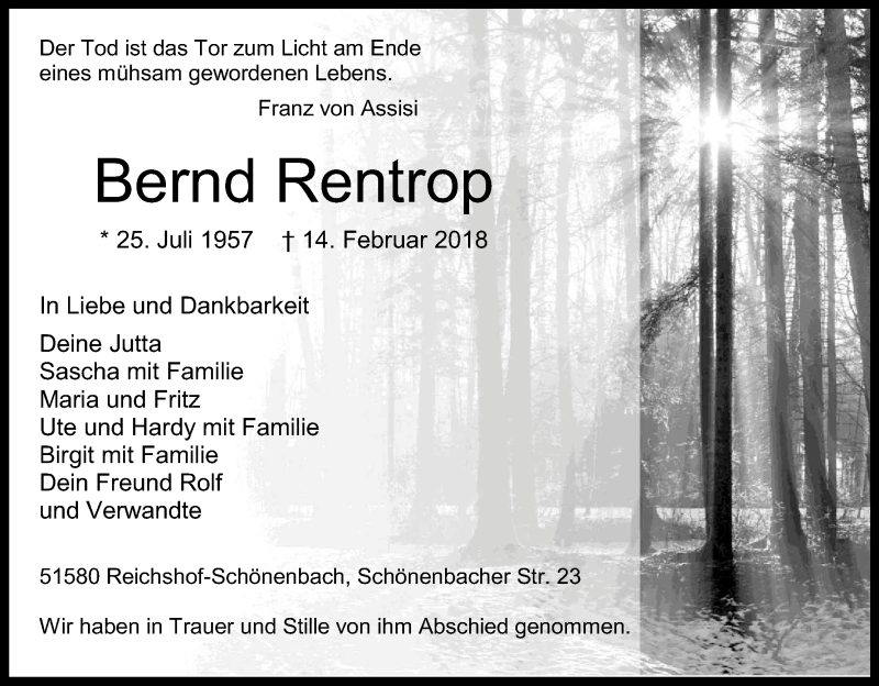  Traueranzeige für Bernd Rentrop vom 24.02.2018 aus Kölner Stadt-Anzeiger / Kölnische Rundschau / Express