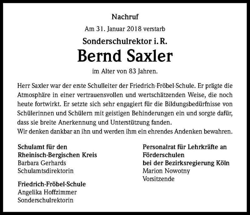  Traueranzeige für Bernd Saxler vom 10.02.2018 aus Kölner Stadt-Anzeiger / Kölnische Rundschau / Express