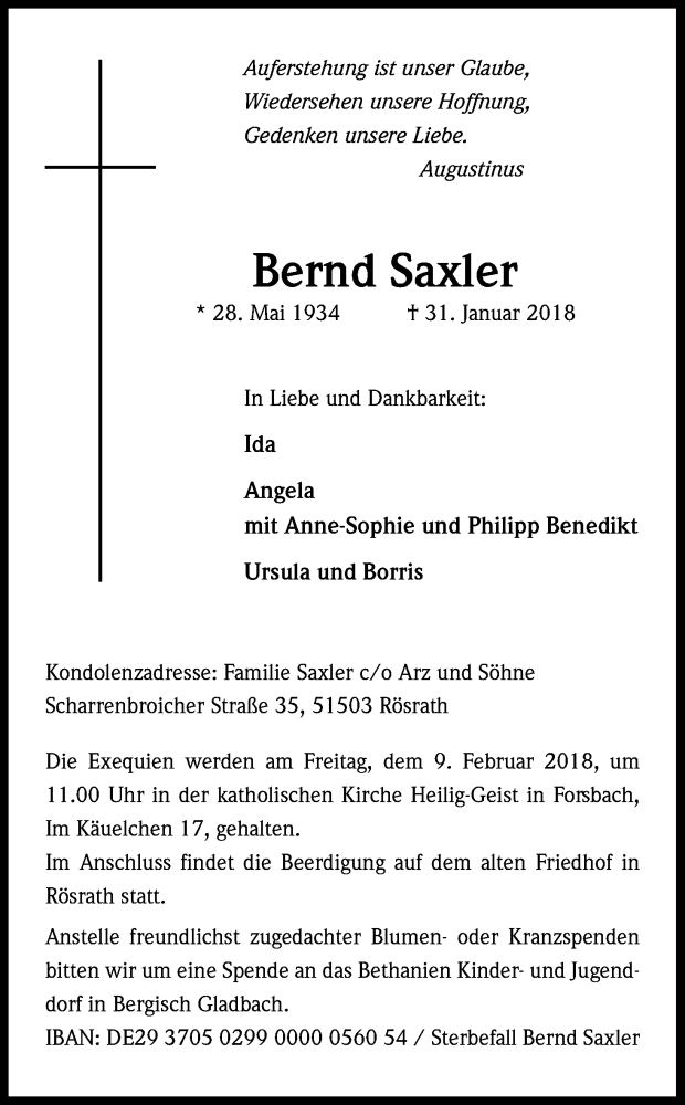 Traueranzeige für Bernd Saxler vom 03.02.2018 aus Kölner Stadt-Anzeiger / Kölnische Rundschau / Express
