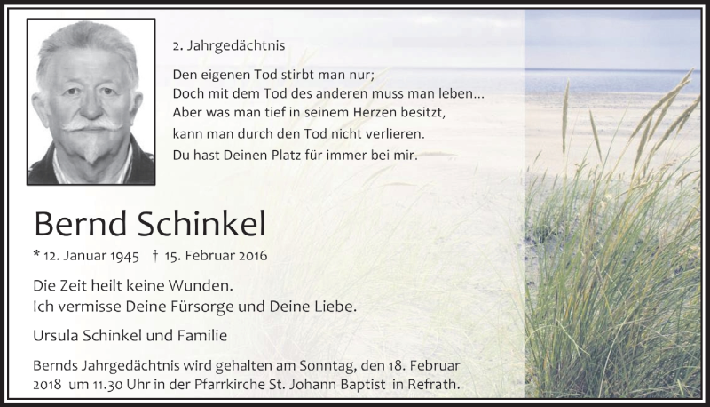  Traueranzeige für Bernd Schinkel vom 14.02.2018 aus  Bergisches Handelsblatt 